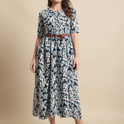 Metronaut Women Floral Printed Round Neck A-Line Midi Dress-image-56
