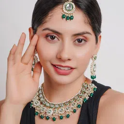 Divisha Gold-Plated Stone Studded & Beaded Meenakari Necklace & Earrings With Mangtika-picture-33