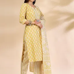 Yufta Floral Printed Notch Neck Pure Cotton Straight Kurta With Trouser And Dupatta-image-86
