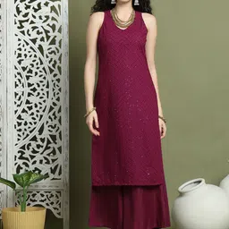 Jompers Geometric Embroidered Sequinned Sleeveless V-Neck Straight Kurta With Palazzos-35