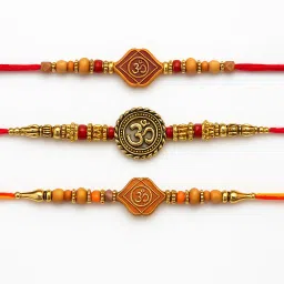Designer Traditional Om Rakhi Set – Pack of 3 Rakhi with Elegant Bead and Golden Finish Assorted Chawal Roli Pack Set-image-45