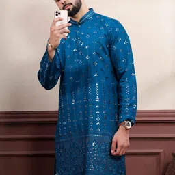 PulseIQ Men Teal Viscose Rayon Kurta Sets-picture-49