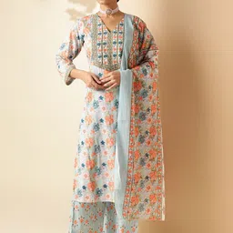 Vbuyz Women Floral Printed Regular Pure Cotton Kurta with Palazzos & With Dupatta-33