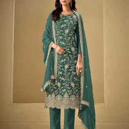 ODETTE Floral Embroidered Sequinned Semi-Stitched Dress Material-image-41