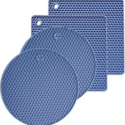 Silicone Trivet Pot Holders,Counter Mats,Tables Placemats,Blue 2 Round, 2 Square Trivet-16