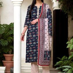 Anouk Floral Printed Straight Pure Cotton Kurta With Trousers And Dupatta-image-12