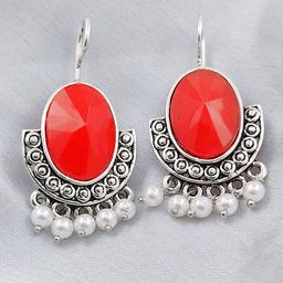 Saizen Silver Plated Artificial Stones Studded & Beaded Oval Drop Earrings-image-82