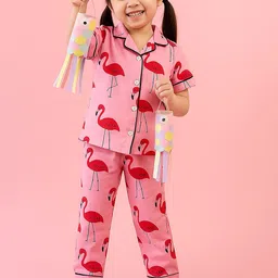NAP STORY Girls Flamingo Printed Pure Cotton Shirt Collar Short Sleeves Night Suit-picture-10