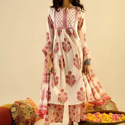 SINSINI Floral Printed Empire Band Collar Pure Cotton A-Line Kurta With Trousers & Dupatta-picture-16