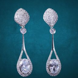 Opal Touch Rhodium-Plated Cubic Zirconia Studded Teardrop Shaped Drop Earrings image 2