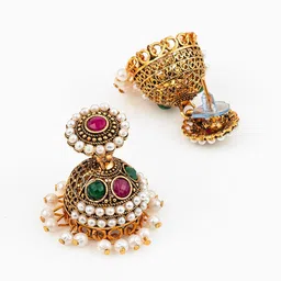 aadita Set Of 3 Silver-Plated Artificial Stones Studded & Beaded Dome Shaped Jhumkas image 2