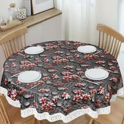 Dakshya Industries Grey Floral Waterproof Plastic Round 6-Seater Table Cover-52
