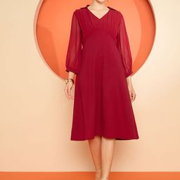 Antheaa Shirt Collar Puff Sleeve Fit & Flare Midi Dress-picture-3