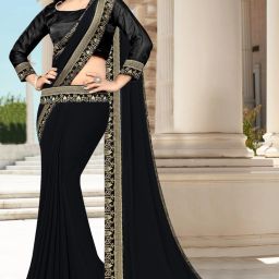 Temple Border Bollywood Lycra Blend, Chiffon Saree-image-94