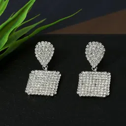 Sangria Silver-Plated Rhinestones Studded Geometric Shaped Drop Earrings-47