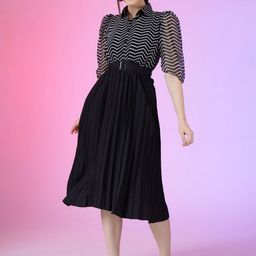 Femvy Women Striped Printed Puff Sleeve Applique Fit & Flare Maxi Dress-image-85