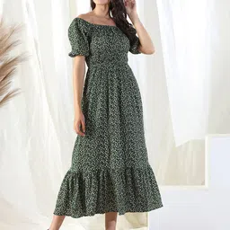 Selvia Floral Print Boat Neck Puff Sleeve Fit & Flare Midi Dress-28