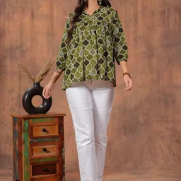 SHIONS Floral Print Puff Sleeve Twisted Cotton Top-image-5