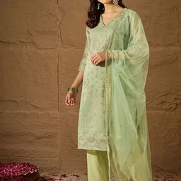 House of Pataudi Floral Embroidered V-Neck Chanderi Cotton Kurta & Trousers With Dupatta-picture-54