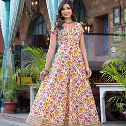 AKS Couture Women Floral Print Fit and Flare Ethnic Dresses with Pom-Pom Detail-image-75