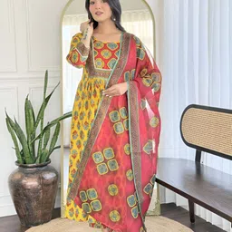 SHREE KHODAL FASHION Women Ethnic Motifs Printed A-Line Kurta with Trousers & Dupatta-picture-34