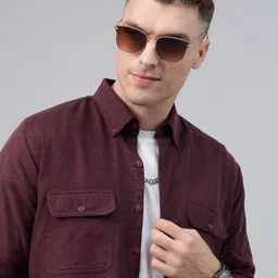 Hancock Men Button-Down Collar Solid Cotton Flannel Slim Fit Casual Shacket-image-96