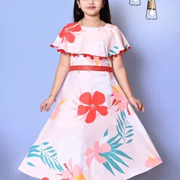KRISHTINA Girls Floral Printed Cape Sleeves Maxi Dress-picture-10