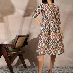 all about you Women's Geometric Printed Fit & Flare V Neck Midi Dress-image-70