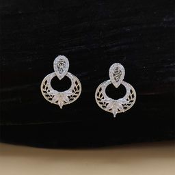 JYONA Silver-Plated American Diamond & CZ Studded Floral Shaped Drop Earrings-image-31