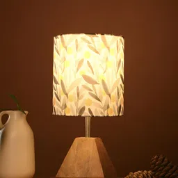 green girgit Brown & White Printed Cylindrical Shaped Wooden Table Lamp with Bulb-0