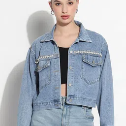 SHOWOFF Women Spread Collar Solid Windcheater Casual Denim Jacket-image-63