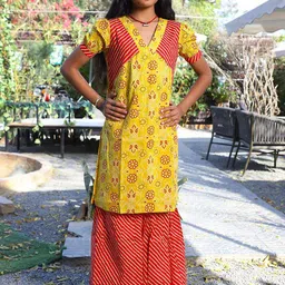 Aks Kids Girls Bandhani Printed Regular Pure Cotton Kurta with Sharara-image-31