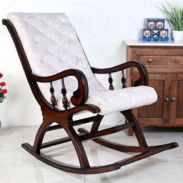 DZYN Furnitures Beige & Brown Upholstered Wooden Rocking Chair-image-32