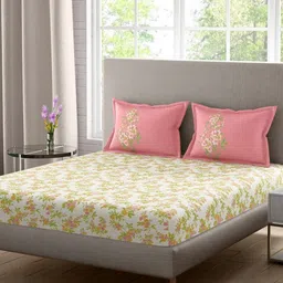 Portico Charlotte White & Pink Floral Cotton 210 TC Super King Bedsheet Set-2.74m x 2.74m-image-9
