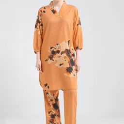 I like me Peach-Coloured Floral Printed Pure Cotton Tunic With Trousers-4