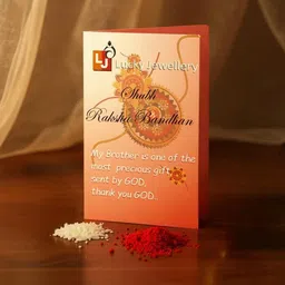 LUCKY JEWELLERY 2-Pcs Cubic Zircon Studded Rakhi With Roli Chawal & Greeting Card image 2