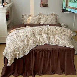 JC HOME Brown & White Floral Polycotton 3 Piece Double King Regular Bedding Set-image-68