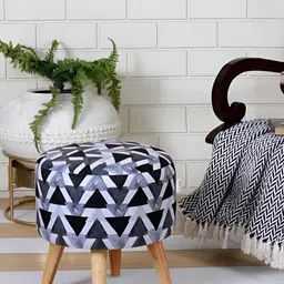 Shadowkart Black Printed Wooden & Velvet Mudda Pouffe Ottoman-image-70