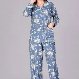Women Shirt & Pyjama set Blue Printed-image-44