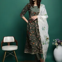 HERE&NOW Women Floral Printed Regular Pure Cotton Kurta with Trousers & With Dupatta-picture-7