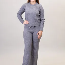 Camey Self Design Woolen Long Sleeve Sweater With Trouser Co-Ords-image-4