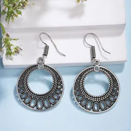 Anouk German Silver-Plated Oxidised Circular Drop Earrings-15