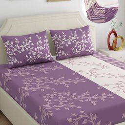 Dreamscape Purple & Off White Floral 140 TC King Bedsheet with 2 Pillow Covers-image-102