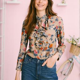 HERE&NOW Women Floral Print Mandarin Collar Ruffles Georgette Shirt Style Top-picture-25