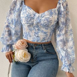 ELYRAA Floral Print Sweetheart Neck Bishop Sleeves Georgette Top-image-33