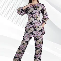 NEYSA Floral Printed Notch Neck Puff Sleeves Tunic With Trouser-image-40
