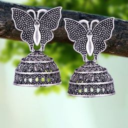 MEENAZ Set Of 4 Silver-Plated Dome Shaped Oxidised Jhumkas-12