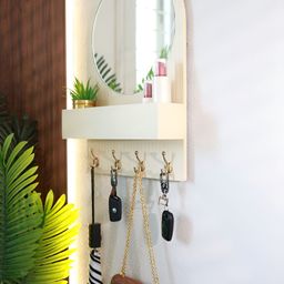 Cinch Home White Entryway Organiser with Round Mirror with Dual Hooks & Shelf-48