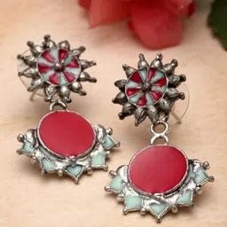 Moedbuille Silver-Plated Artificial Stones Studded Floral Shaped Drop Earrings-image-10