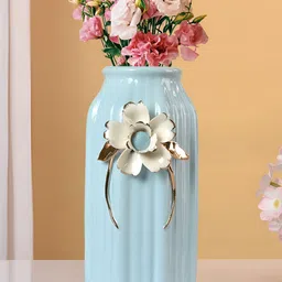 Myntra Elegant Homes Light Blue & White Floral Harmony Ceramic Vase-0